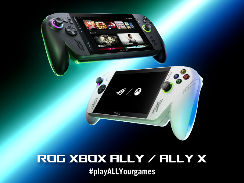 Two ROG Xbox Ally handhelds, in black and white